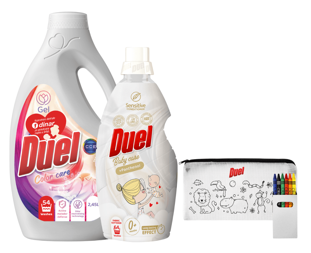 DUEL set tečni deterdžent, omekšivač i dečija pernica-slika