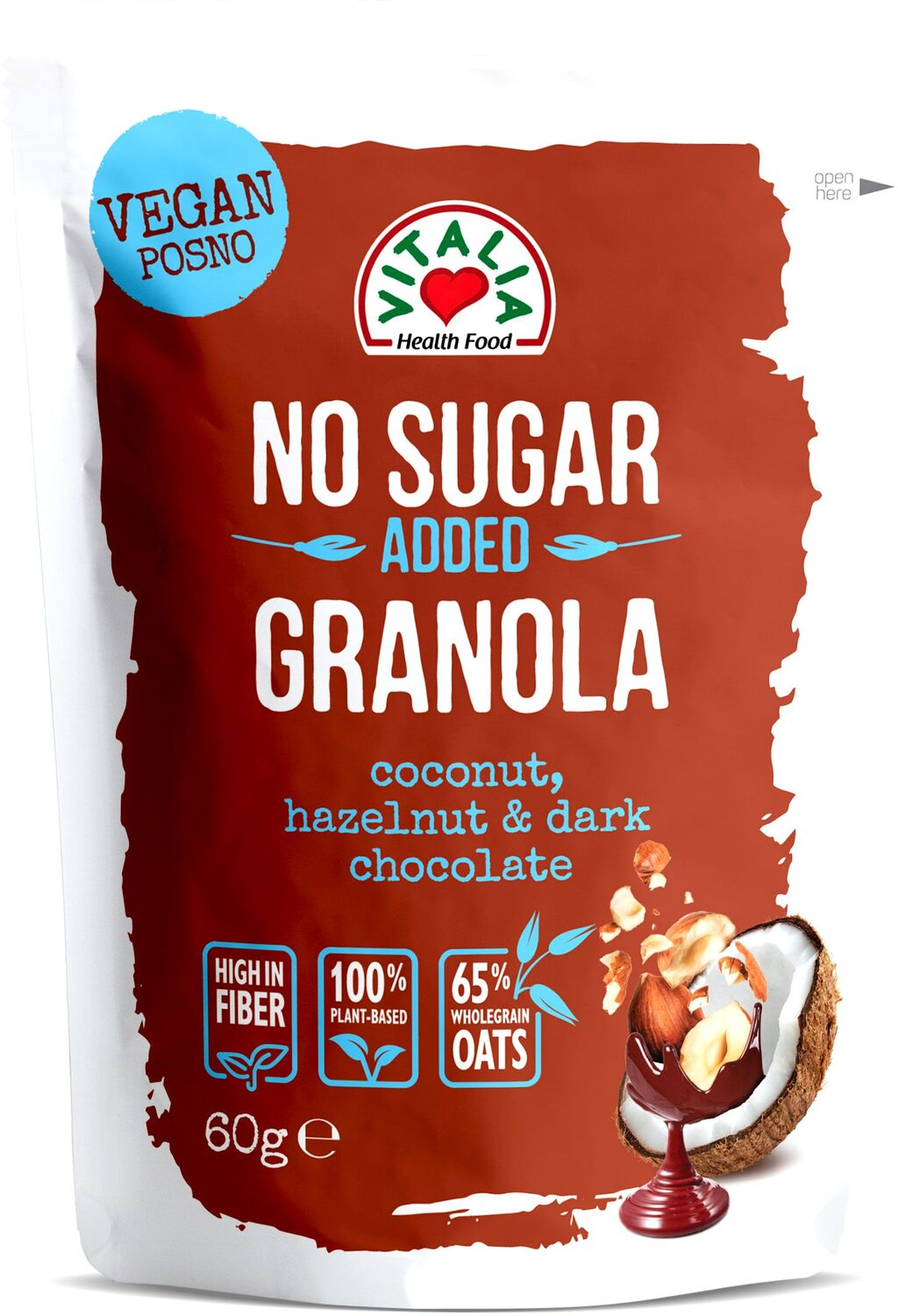 MUSLI GRANOLA CRNA ČOKOLADA KOKOS LEŠNIK 60GR VITALIA-slika
