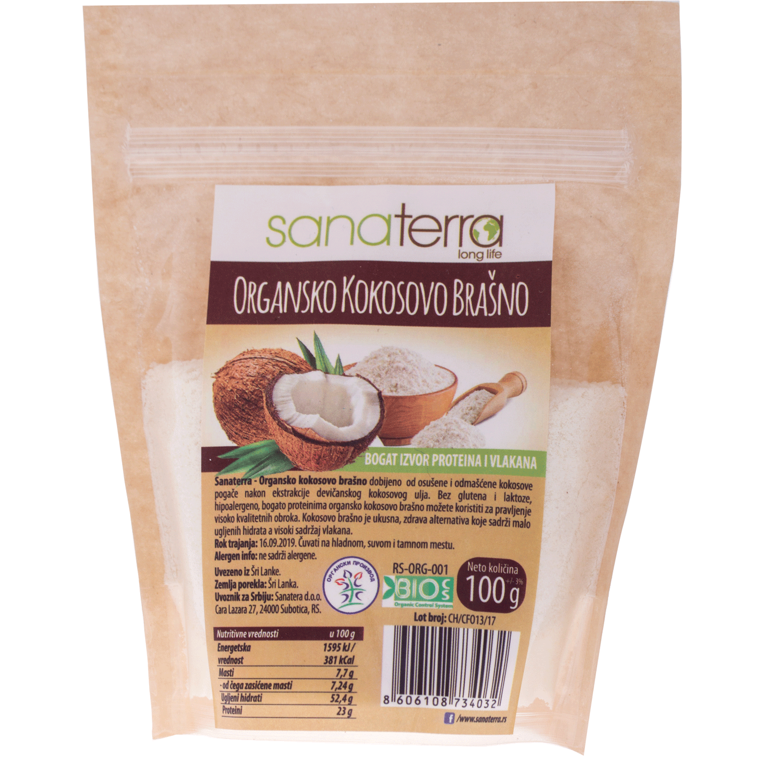 BRAŠNO KOKOSOVO ORGANSKO 100GR SANATERRA-slika