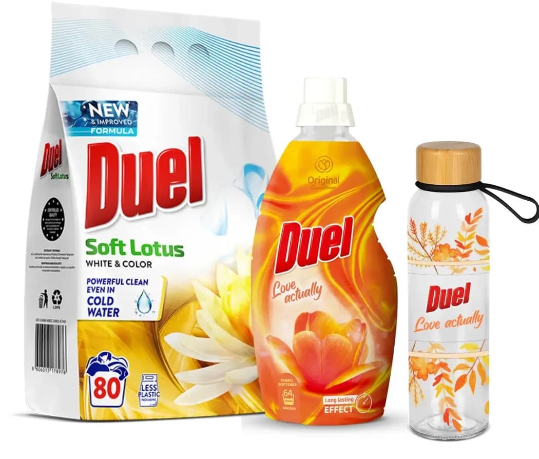 DUEL paket deterdžent za veš, omekšivač i staklena flašica-slika