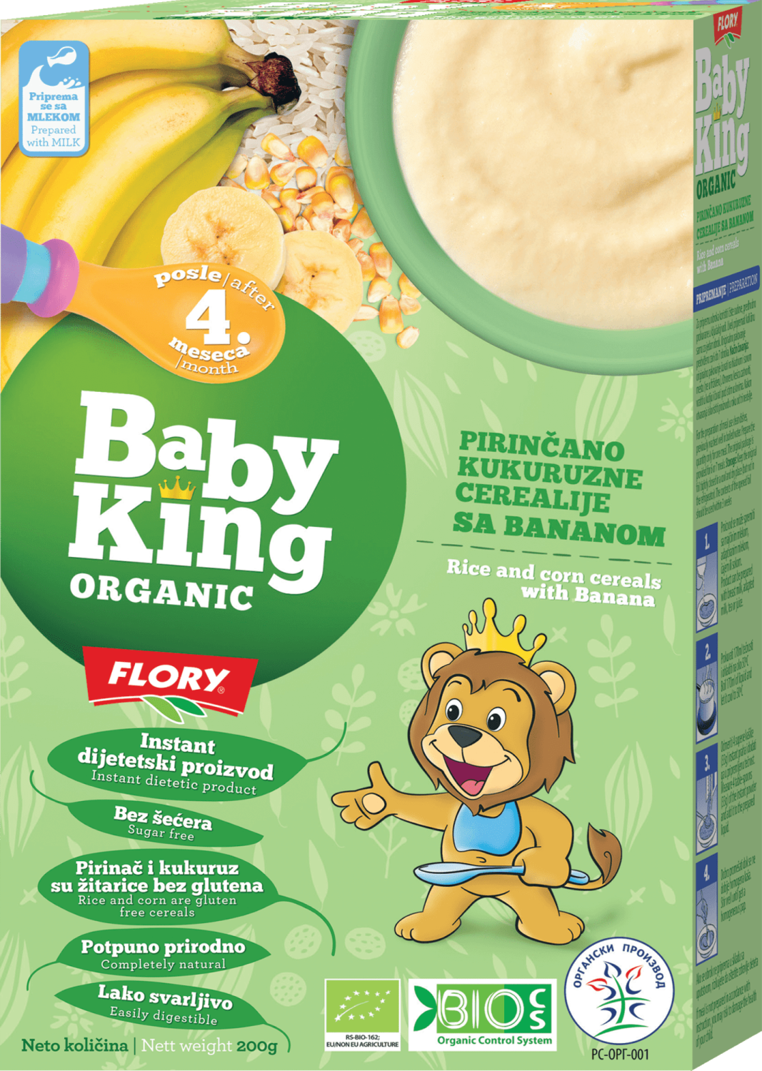 FLORY baby king organic kaša pirinač kukuruzne cerealije sa bananom 200g-slika