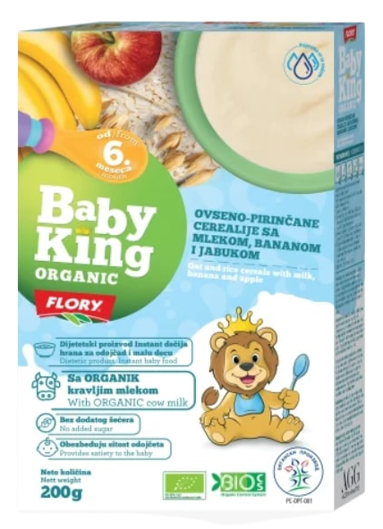 CERALIJE BABY KING OVSENO-PIRINČANE SA MLEKOM BANANOM I JABUKOM ORGANIC 200GR FLORY-slika