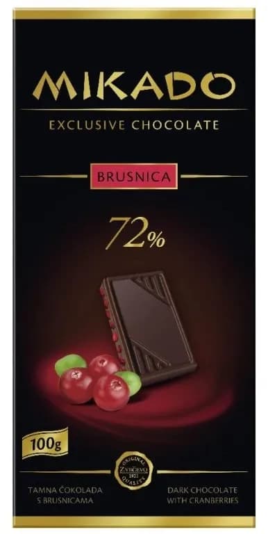 ČOKOLADA CRNA 72% BRUSNICA MIKADO 100G-slika